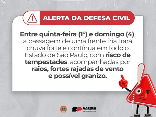DEFESA CIVIL EMITE ALERTA DE TEMPESTADES