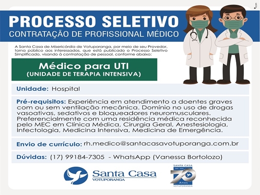 Santa Casa de Votuporanga contrata médicos de UTI