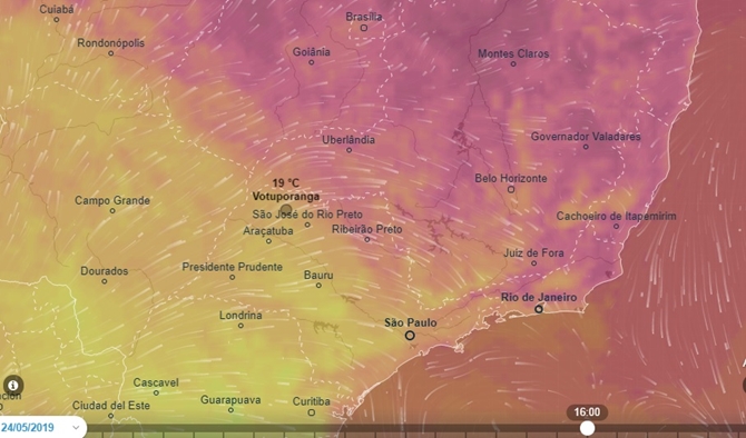 Imagem radar mostra vento frio