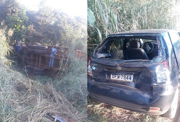 CAMINHÃO COLIDE COM CARRO E CAI EM RIBANCEIRA 