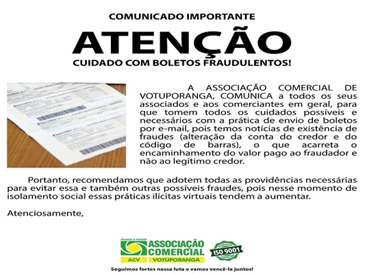 CUIDADO COM BOLETOS FALSOS: ACV faz alerta