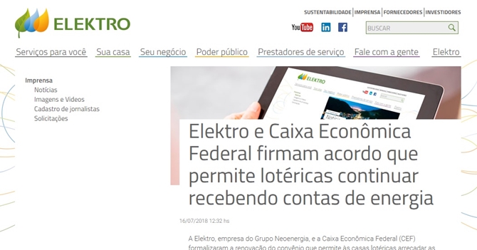 ELEKTRO MANTÉM RECEBIMENTO DE CONTAS NAS LOTÉRICAS