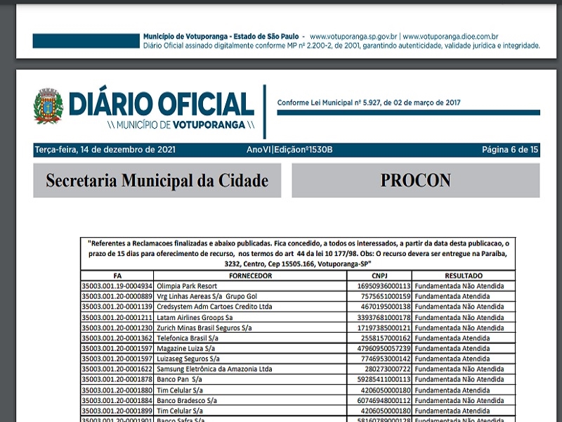 PROCON de Votuporanga divulga lista de reclamações 2021
