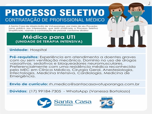 Santa Casa de Votuporanga contrata médico para a UTI