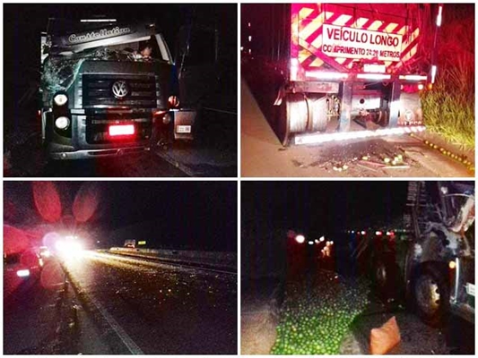 Batida entre caminhões espalha laranja na pista perto de Meridiano 