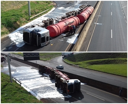 CAMINHÃO CARREGADO DE COMBUSTÍVEL TOMBA EM FERNANDÓPOLIS