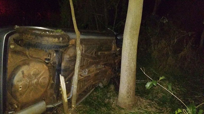 Carro quebrou uma árvore ao cair em barranco